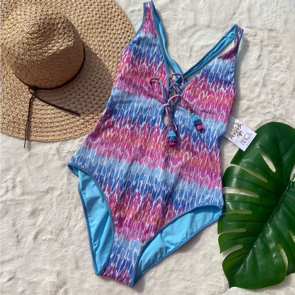 Becca Metallic Plunge Lace Up One Piece Swimsuit Joshua Tree Print NWT M - Picture 5 of 8
